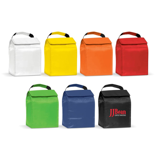 A collection of seven lunch cooler bags in white, yellow, orange, red, green, and blue, featuring a logo on one.