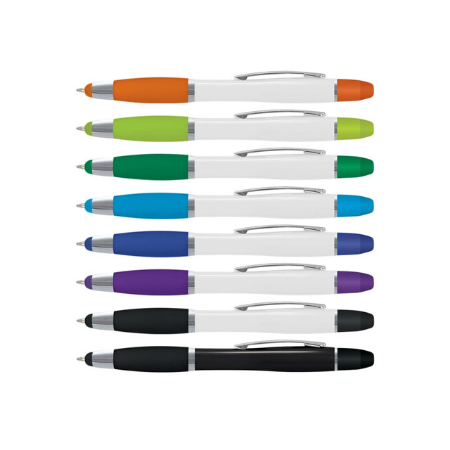 A collection of Vistro Multi-Function Pens in various colours: orange, green, blue, teal, purple, and black. Each has a white body.