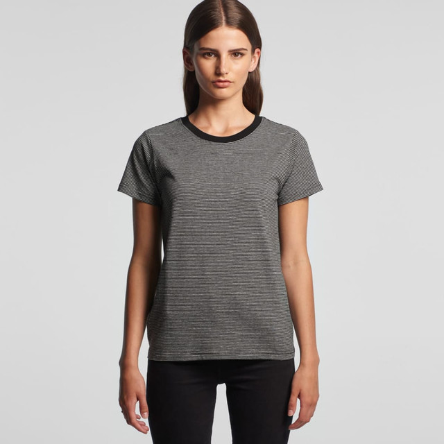 A striped grey T-shirt with a black neckline, displayed on a model against a plain background. A striped grey T-shirt with a black neckline, displayed on a model against a plain background.