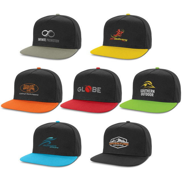 A collection of flat peak caps in black with various coloured brims and logos, featuring styles in green, red, yellow, and blue.