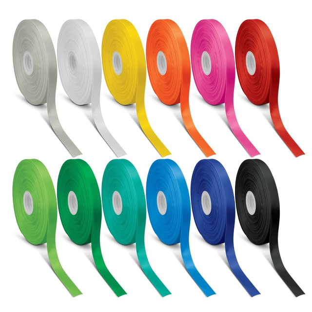 Twelve rolls of personalised ribbon in various colours, including white, yellow, pink, red, green, and blue, with a logo.
