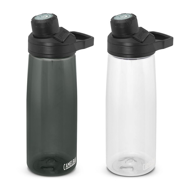 A drink bottle set featuring one opaque dark grey bottle and one clear bottle, both with black caps and a logo.