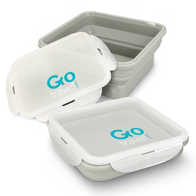A collapsible lunch box in grey and white, featuring a logo, with two containers stacked. A collapsible lunch box in grey and white, featuring a logo, with two containers stacked.