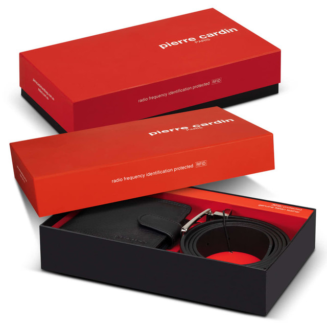A black leather wallet and a black belt in a two-part red and black gift box with a logo. A black leather wallet and a black belt in a two-part red and black gift box with a logo.