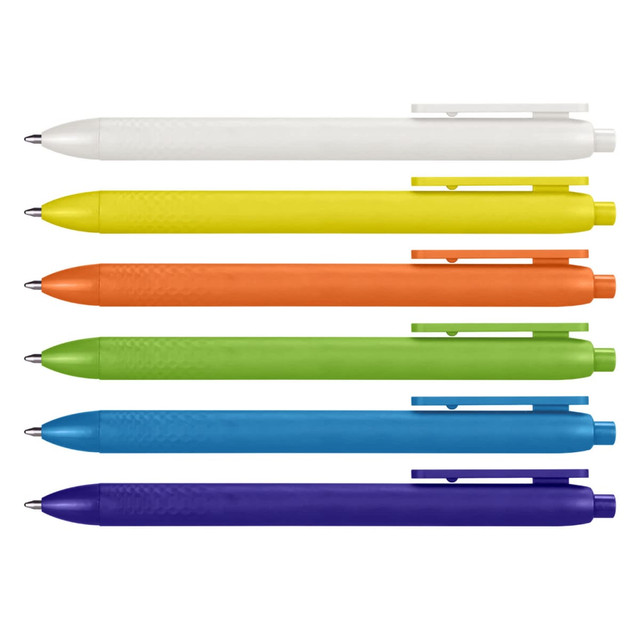 A selection of six pens in white, yellow, orange, green, blue, and purple, featuring a textured grip and clip.