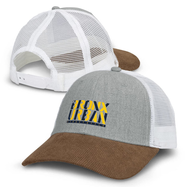 A grey and brown cap featuring a mesh back and a logo on the front. A grey and brown cap featuring a mesh back and a logo on the front.