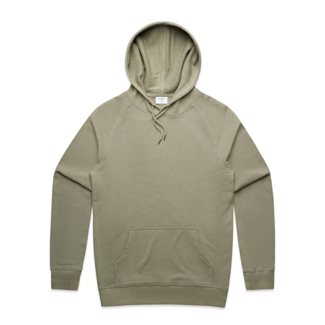 A sage green hoodie with a front pocket and a drawstring hood. It features a logo on the label.