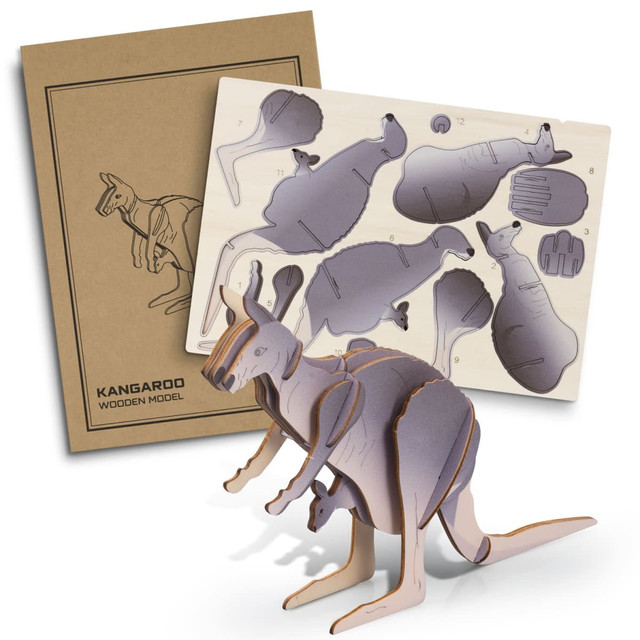 A wooden kangaroo model in natural wood tones, alongside its flat-pack design in a brown box with a logo.