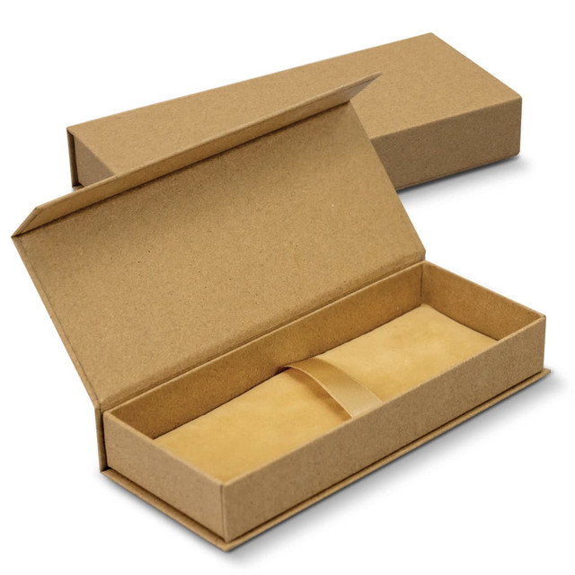 A kraft gift box in beige with an open lid, designed for packaging writing instruments. A kraft gift box in beige with an open lid, designed for packaging writing instruments.