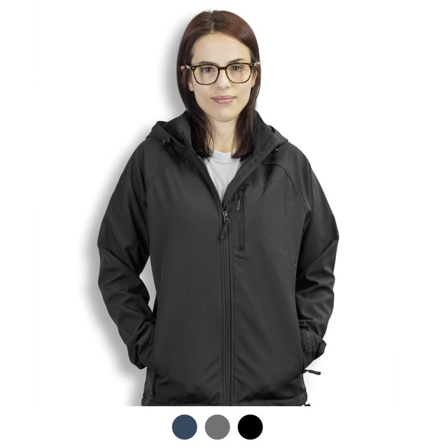 A woman wearing a black soft shell jacket with a hood, featuring a logo on the chest. A woman wearing a black soft shell jacket with a hood, featuring a logo on the chest.
