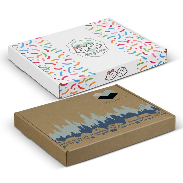 A white die cut box with colourful confetti pattern on top and a brown box featuring a city skyline design. A white die cut box with colourful confetti pattern on top and a brown box featuring a city skyline design.