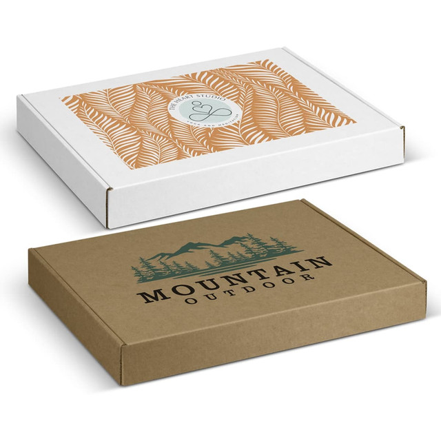 A die cut box with a locking lid, featuring a floral design in orange and another with a green mountain logo. A die cut box with a locking lid, featuring a floral design in orange and another with a green mountain logo.