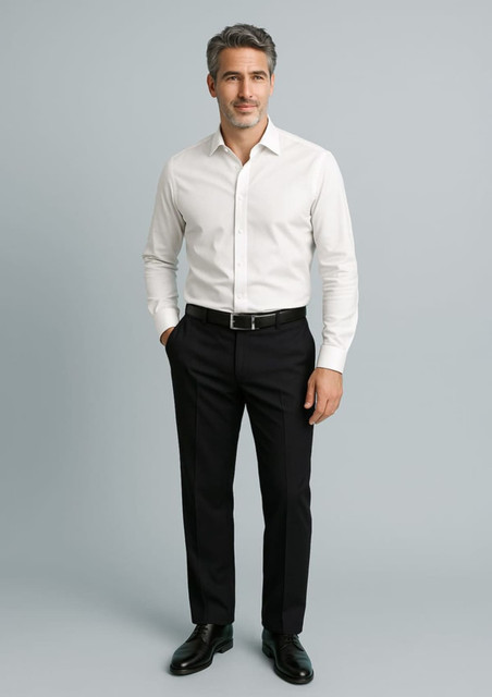 Men's black adjustable waist pants displayed on a model, styled with a white shirt and formal shoes. Men's black adjustable waist pants displayed on a model, styled with a white shirt and formal shoes.