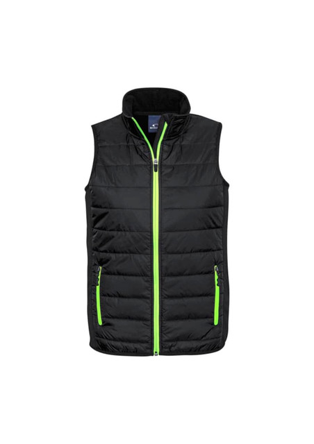 A black vest with a zip front and bright green accents, featuring two side pockets and a collar.