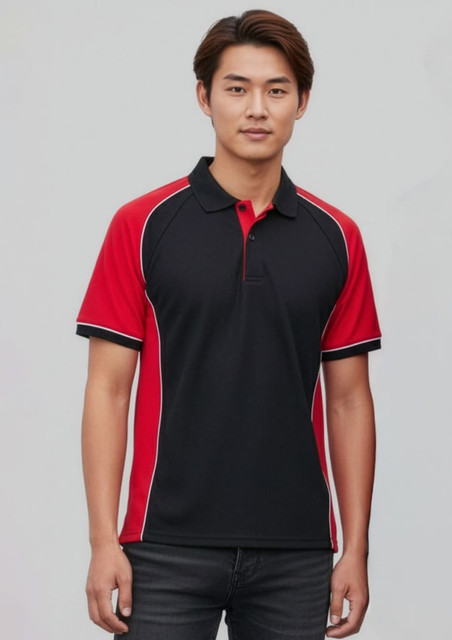 A men's short sleeve polo in red and black, featuring contrast detailing and a logo.