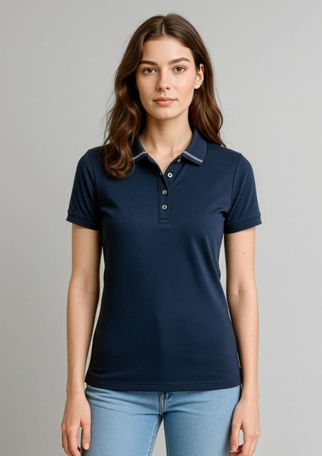 A navy women's short sleeve polo shirt with a collar and a logo. The shirt has a fitted design.
