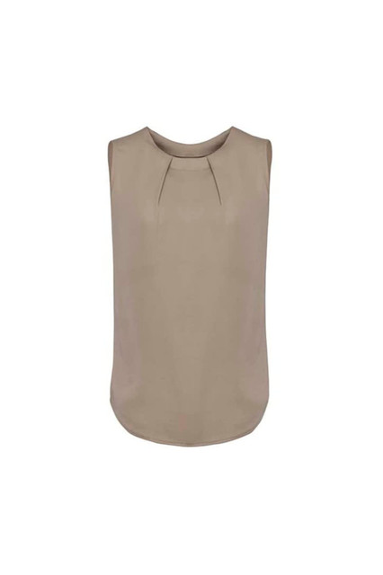 A sleeveless blouse in a soft taupe colour, featuring pleat detail on the front. It has a round neckline and a smooth finish.