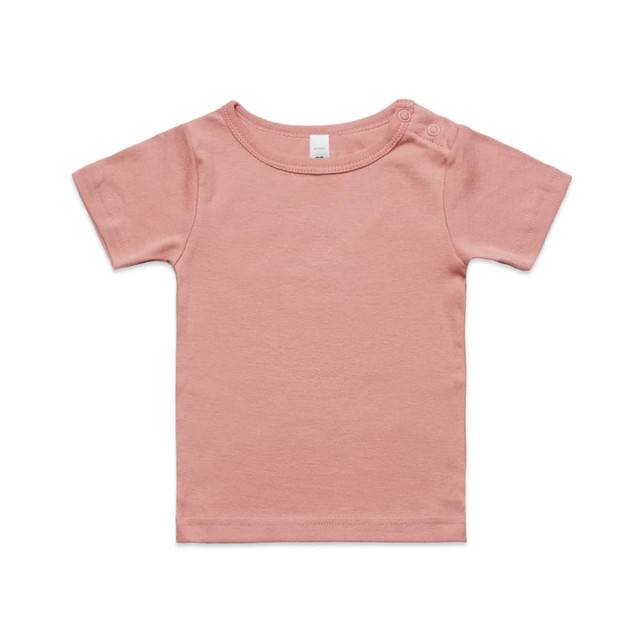 A pink infant t-shirt featuring short sleeves and shoulder snaps, with a subtle logo present. A pink infant t-shirt featuring short sleeves and shoulder snaps, with a subtle logo present.