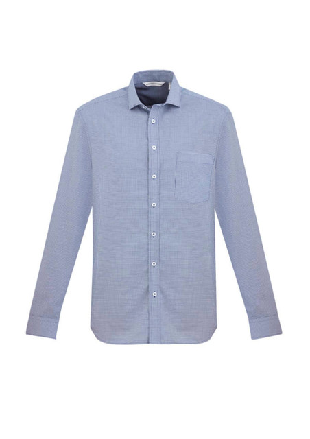 A long sleeve button-up shirt in light blue with a chest pocket and a logo.