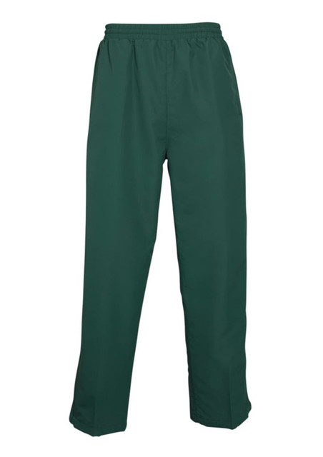 Green track pants featuring an elastic waistband and side pockets. The design includes a logo on one leg. Green track pants featuring an elastic waistband and side pockets. The design includes a logo on one leg.