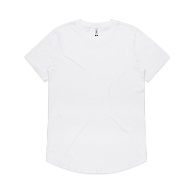A white T-shirt with a curved hem and a label tag, featuring a logo.