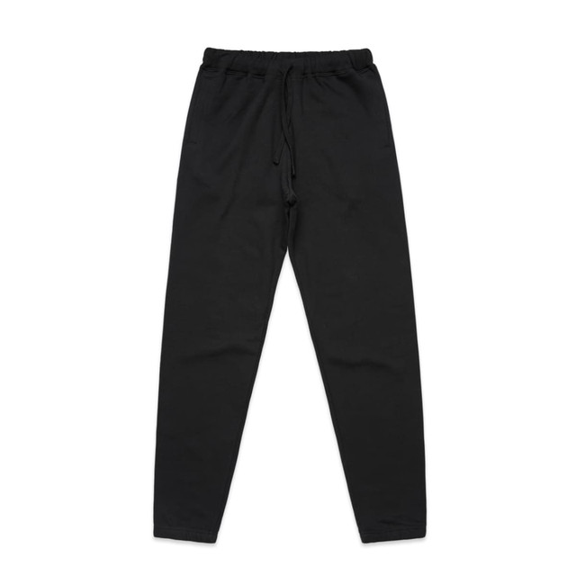 Black track pants with an elastic waistband and drawstring, featuring side pockets and a simple design. Black track pants with an elastic waistband and drawstring, featuring side pockets and a simple design.