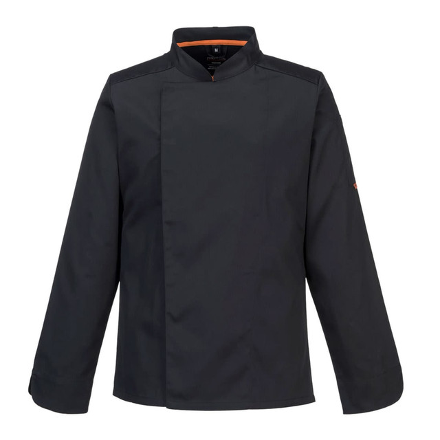 A black chef jacket with long sleeves and a front closure, featuring a collar and an accent colour. It has a logo on one sleeve.