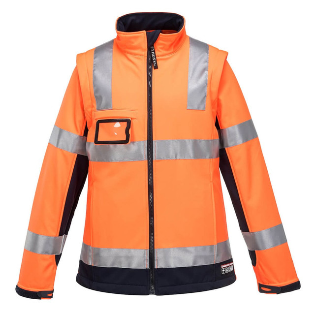 An orange softshell jacket with reflective stripes and a logo on the chest pocket.