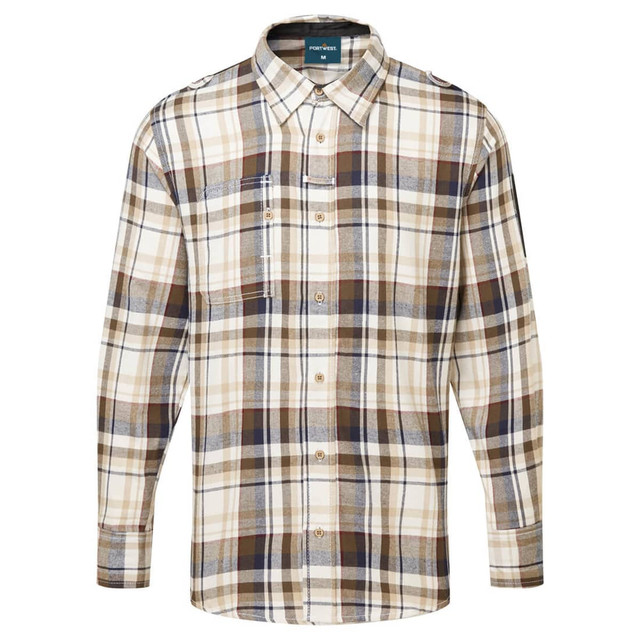 A flannel shirt featuring a checked pattern in beige, brown, and navy with a front pocket and a logo.