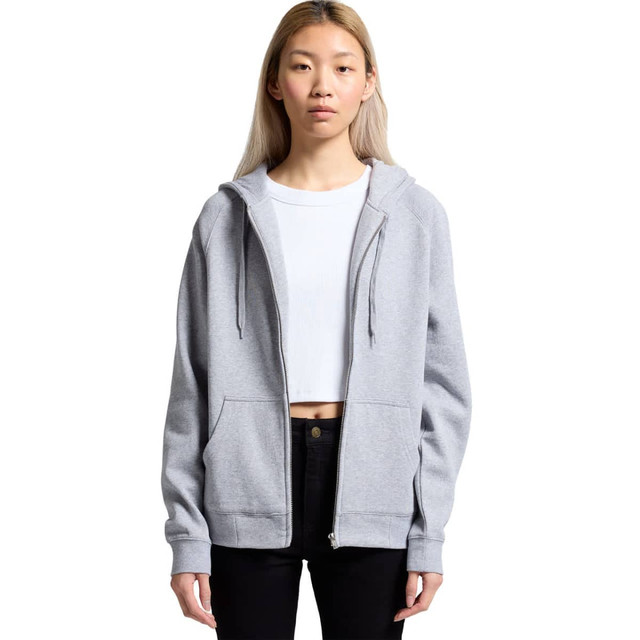 A grey zip hoodie with a hood and front pockets, worn by a person. The hoodie features a logo.