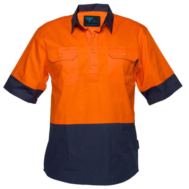 Short-sleeved button-up shirt in bright orange and navy, featuring two front pockets and a logo on the chest.