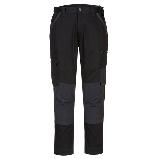 Black and charcoal work pants with multiple pockets and a fitted design, featuring a logo on the waistband.