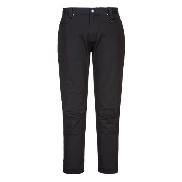Slim fit work pants in black, featuring a classic design with pockets and a logo. Suitable for various work environments.