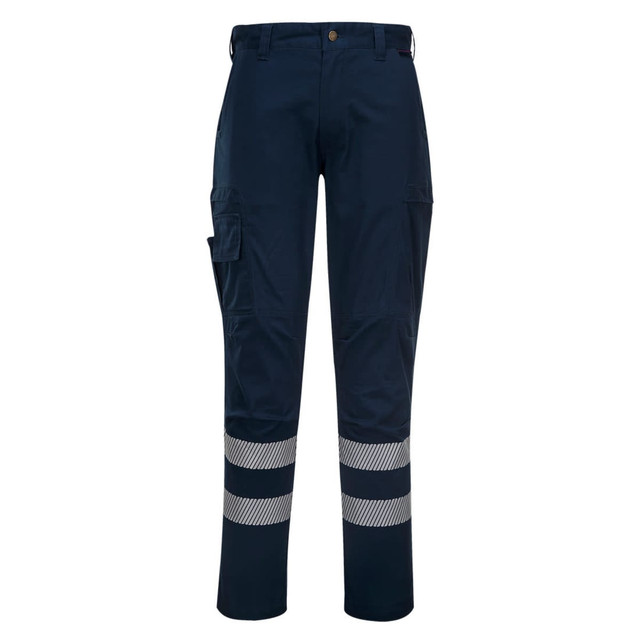 Navy work trousers featuring reflective stripes and multiple pockets, designed for durability and utility.