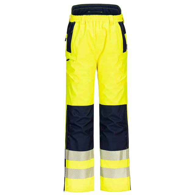 Hi-Vis extreme trousers in bright yellow and navy, featuring reflective strips and multiple pockets. Includes branding.