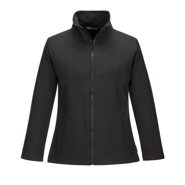 A women's soft shell jacket in black with a zip front and high collar, featuring an unbranded design.