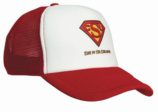 A red and white trucker mesh cap featuring a logo on the front and a curved brim. A red and white trucker mesh cap featuring a logo on the front and a curved brim.