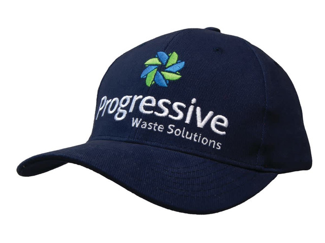 A navy blue organic brushed heavy cotton cap with an embroidered logo on the front.