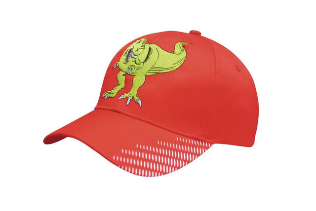 A red cap featuring a green dinosaur design and a gradient print on the peak. It has a branding logo. A red cap featuring a green dinosaur design and a gradient print on the peak. It has a branding logo.