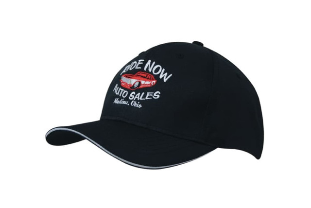 A black cap with a sandwich brim, featuring an embroidered logo on the front. A black cap with a sandwich brim, featuring an embroidered logo on the front.