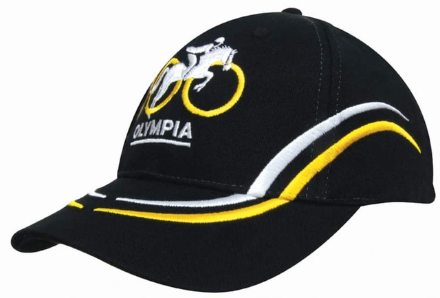 A black cotton cap featuring curved embroidery in yellow and white, with a logo on the front.