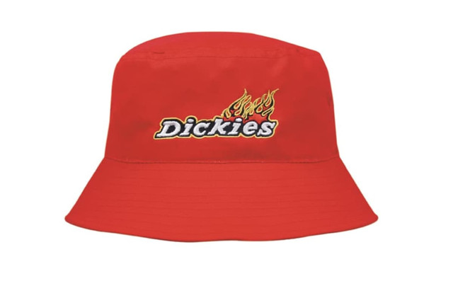 A red breathable poly twill bucket hat featuring a logo. Ideal for casual attire and outdoor activities. A red breathable poly twill bucket hat featuring a logo. Ideal for casual attire and outdoor activities.