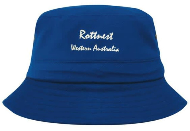A blue bucket hat with a branded logo and embroidered text. It features a wide brim for sun protection. A blue bucket hat with a branded logo and embroidered text. It features a wide brim for sun protection.