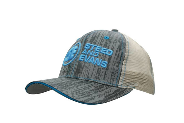 A cap featuring a wood print design, grey and beige colours, with a mesh back and a logo on the front. A cap featuring a wood print design, grey and beige colours, with a mesh back and a logo on the front.