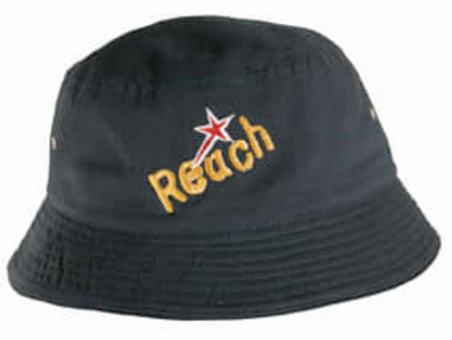 A black brushed sports twill bucket hat featuring an embroidered logo and a wide brim. A black brushed sports twill bucket hat featuring an embroidered logo and a wide brim.
