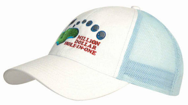 Brushed cotton cap with a white front and blue mesh back, featuring a logo on the front. Brushed cotton cap with a white front and blue mesh back, featuring a logo on the front.