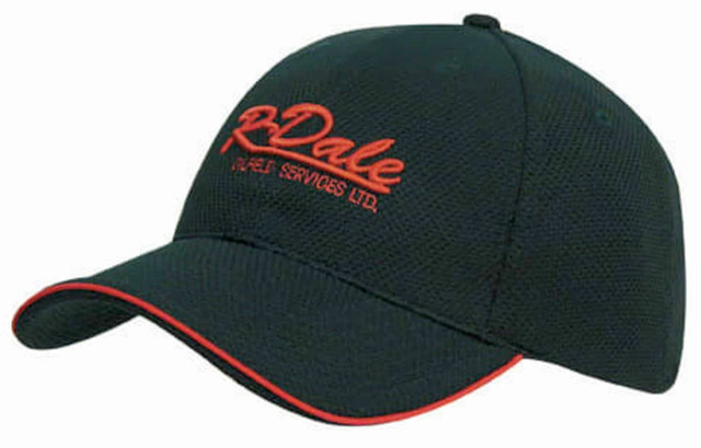A dark green cap with a red trim and a logo on the front, featuring a mesh design and a curved peak. A dark green cap with a red trim and a logo on the front, featuring a mesh design and a curved peak.
