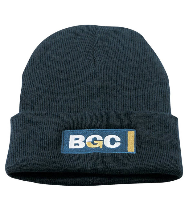 A dark green wool/acrylic roll-up beanie with a logo on the front. A dark green wool/acrylic roll-up beanie with a logo on the front.