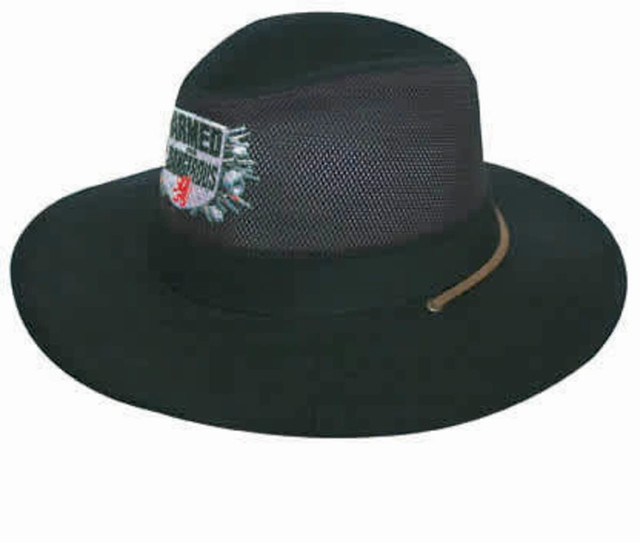 A black cotton twill and mesh hat featuring a branded logo on the front. A black cotton twill and mesh hat featuring a branded logo on the front.