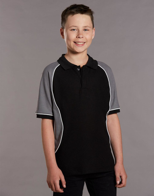 A black and grey kids' polo shirt with short sleeves and a collar, featuring a logo.